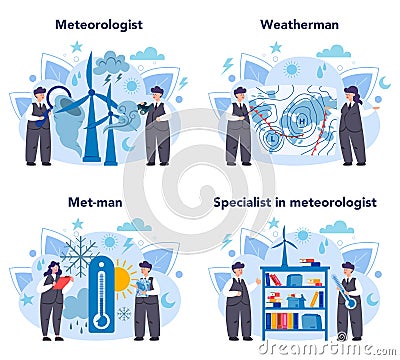 Meteorologist concept set. Weather forecaster studying and researching Vector Illustration