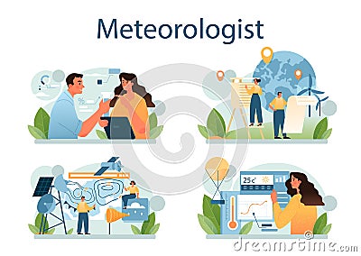 Meteorologist concept set. Weather forecaster studying and researching Vector Illustration