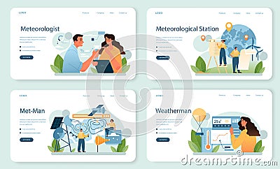 Meteorologist web banner or landing page set. Weather forecaster studying Vector Illustration