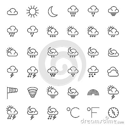 Meteorology symbols and weather vector thin line icons set Vector Illustration