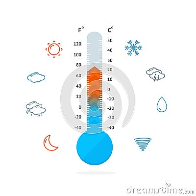 Meteorology Thermometer and Weather Icons. Vector Vector Illustration