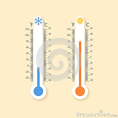 Meteorology thermometers. Cold and heat temperature. Flat style vector illustration. Vector Illustration