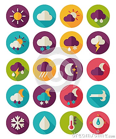 Meteorology Weather flat icons set Vector Illustration