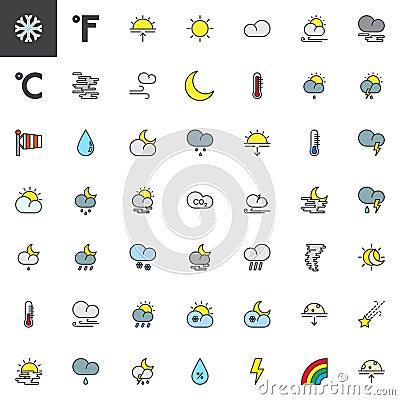 Meteorology weather and forecast universal filled outline icons Vector Illustration