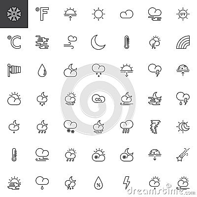 Meteorology weather and forecast universal line icons set Vector Illustration