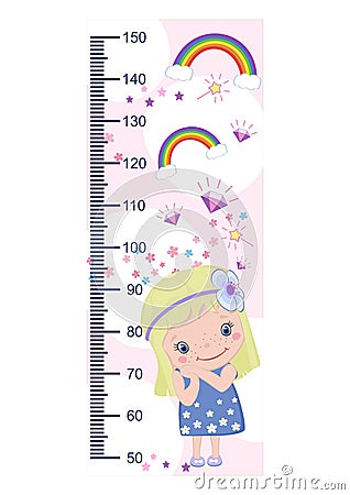 Meter growth, cute kids, children`s height measurements . Vector Illustration