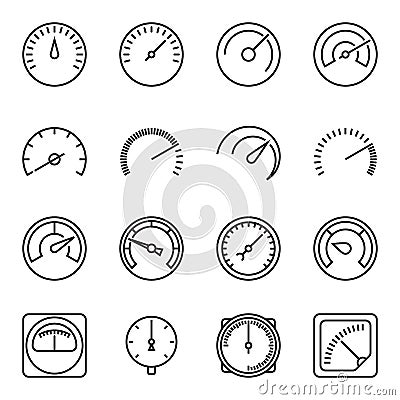 Meter icons. Symbols of speedometers, manometers, tachometers, etc. Vector Illustration
