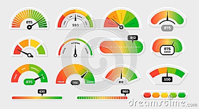 Meter level. Score measure graphic dial with different colors. Speedometer gauge indicator or customer satisfaction Vector Illustration