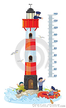 Meter wall or height chart with lighthouse Vector Illustration