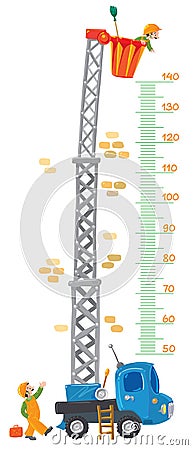 Meter wall with two funny workers and machine-lift Vector Illustration