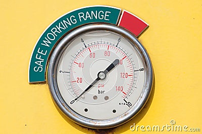 Meters or gauge in crane cabin for measure Maximun load, Engine speed , Hydraulic pressure , Temperature and fuel level Stock Photo