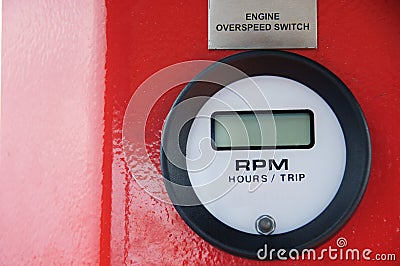 Meters or gauge in crane cabin for measure Maximun load, Engine speed , Hydraulic pressure , Temperature and fuel level Stock Photo