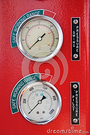 Meters or gauge in crane cabin for measure Maximun load, Engine speed , Hydraulic pressure , Temperature and fuel level Stock Photo