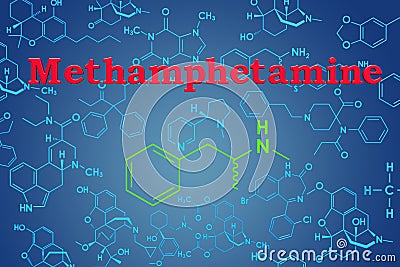 Methamphetamine, chemical formula, molecular structure. 3D rendering Stock Photo