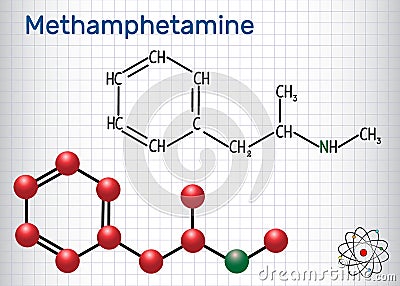 Methamphetamine crystal meth, C10H15N molecule. Structural che Vector Illustration