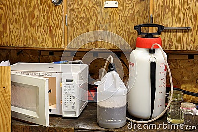 Methamphetamine Lab in a Garage Stock Photo