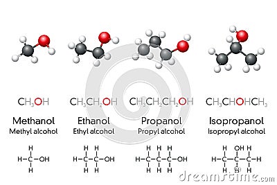 Methanol, ethanol, propanol and isopropanol, molecular models and chemical formulas Vector Illustration