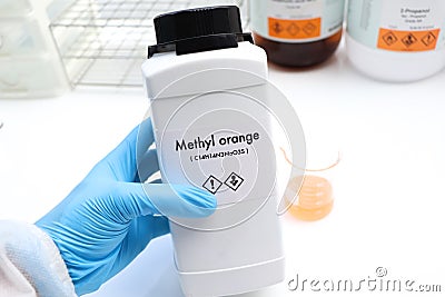 Methyl orange in bottle , chemical in the laboratory and industry Stock Photo