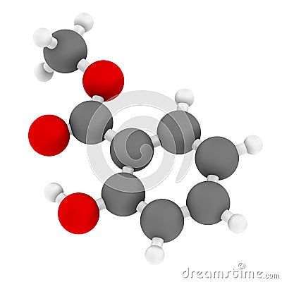 Methyl salicylate (wintergreen oil) molecule. Acts as rubefacient. Used as flavoring agent and fragrance Stock Photo