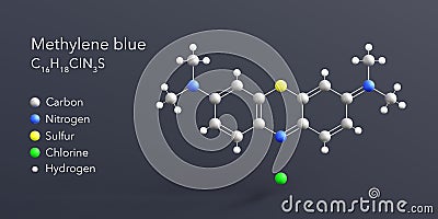 methylene blue molecule 3d rendering, flat molecular structure with chemical formula and atoms color coding Stock Photo