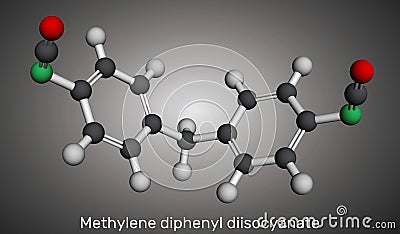 Methylene diphenyl diisocyanate, MDI molecule. It is core component in polyurethane synthesis. Molecular model. 3D rendering Stock Photo