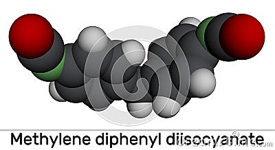 Methylene diphenyl diisocyanate, MDI molecule. It is core component in polyurethane synthesis. Molecular model. 3D rendering Stock Photo