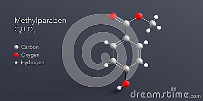 methylparaben molecule 3d rendering, flat molecular structure with chemical formula and atoms color coding Stock Photo