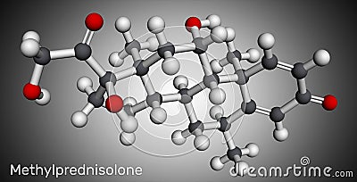 Methylprednisolone molecule. It is synthetic corticosteroid, prednisolone derivative glucocorticoid. Molecular model. 3D rendering Stock Photo