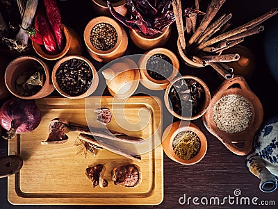 Meticulous Asian spices ingredients concept. Spices and herbs Stock Photo