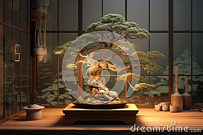 Meticulous Bonsai art tree room. Generate Ai Stock Photo