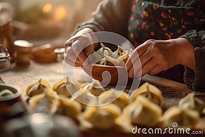 Meticulous female hands engaged in the preparation of manti, a beloved culinary masterpiece of Asian origin. An embodiment of Stock Photo