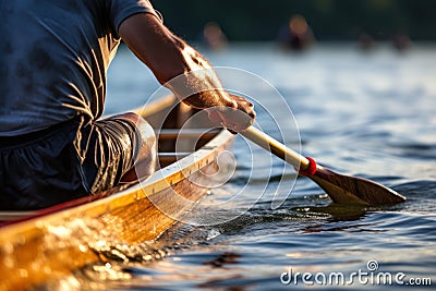 Meticulous Man rows an oar in a canoe. Generate Ai Stock Photo