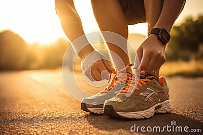 Meticulous Man tying shoelaces before training. Generate Ai Stock Photo