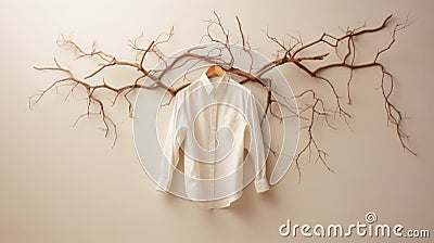 Meticulous Photorealistic Still Life: White Shirt Hanging On Branch Stock Photo