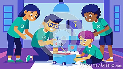 With meticulous precision a team of young engineers finetuned their robots sensors and programming making sure it was Vector Illustration