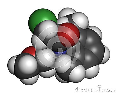Metolachlor herbicide weed killer molecule. Atoms are represented as spheres with conventional color coding: hydrogen white,. Stock Photo
