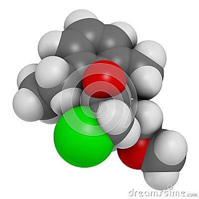 Metolachlor herbicide (weed killer) molecule. 3D rendering. Atoms are represented as spheres with conventional color coding: Stock Photo