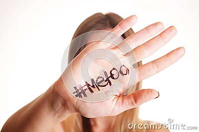 ` METOO` text in woman`s hands. Female empowering movement concept. Stock Photo