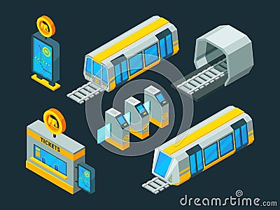 Metro elements. Train escalator and subway gate vector isometric low poly 3d pictures Vector Illustration