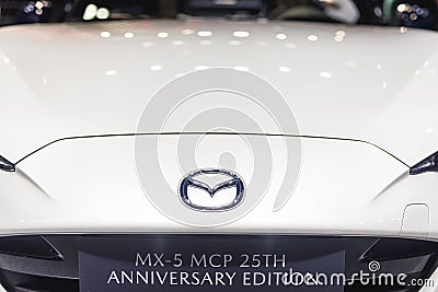 Metro Manila, Philippines - CLoseup of the badge of a 2023 Mazda MX-5 or Miata sports car at the Philippine Editorial Stock Photo