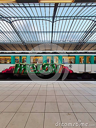 Metro sixth of Paris, view of the train and the station design, Paris, France Editorial Stock Photo