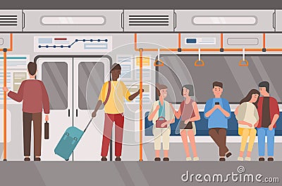 Metro, subway train, public transport flat vector illustration. Underground railway carriage interior, people in Vector Illustration