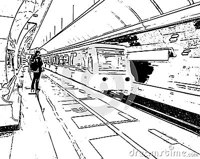 metro train arrives to platform sketch graphic Cartoon Illustration