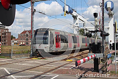 Metro train of RET is testing the Hoekse Lijn track after rebuilding from train to tram track Editorial Stock Photo
