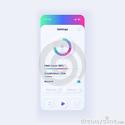 Metronome application settings smartphone interface vector template. Mobile app page light design layout. Parameters Vector Illustration