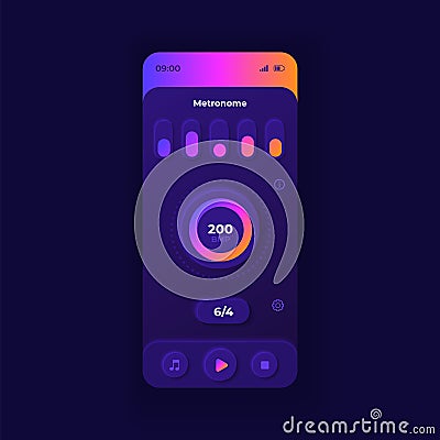 Metronome application smartphone interface vector template. Mobile app page dark design layout. Musical beat support Vector Illustration