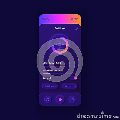Metronome parameters smartphone interface vector template. Mobile app page dark design layout. Musicians auxiliary application Vector Illustration