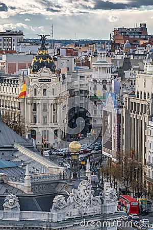 Metropolis, Banco de Espana Central Bank buildings and Gran Via and Alcala street junction from Cibeles Palace Townhall Editorial Stock Photo