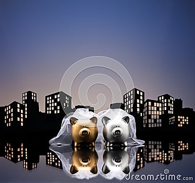 Metropolis City lesbian piggy bank civil union Stock Photo
