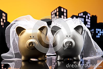 Metropolis City lesbian piggy bank civil union Stock Photo